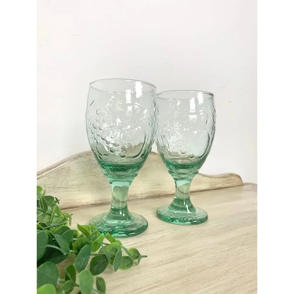 Vintage Libbey Orchard Fruit Green Glass Water Goblets Set of 2 Cottagecore